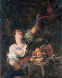 Eine Frau pflückt Trauben und ein Putto bei einem klassischen Sockel, der mit Früchten geschmückt ist von Il Borgognone