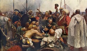 Die Antwort der Saporoger Kosaken an Sultan Mehmet IV. (Muhammad, Mehmet, Mehmed, Mahmoud) (1642-1693) aus der Türkei, Gravur des 19. Jahrhunderts nach einem Gemälde von Ilya Repin. Russische Kosaken senden eine Hassbotschaft an die türkische Armee von Kon