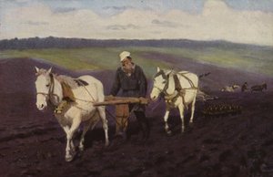 Der russische Schriftsteller Leo Tolstoi pflügt die Felder, ca. 1887 von Ilya Efimovich Repin