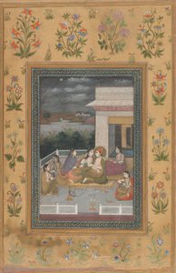 Ein Paar auf einer Terrasse, umgeben von Dienern und Musikern von Indian 18th Century