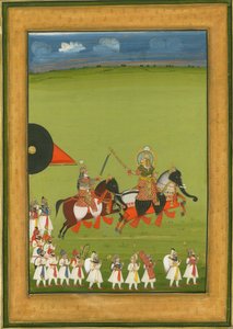 Rajah und Sohn auf Pferden als Elefanten verkleidet, und Gefolge, um 1810