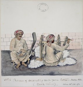 Zwei Männer beim Entkernen von Baumwolle, Bombay, ca. 1873