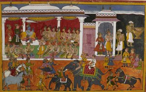 Ein Brahmane konsultiert Rama über den Tod seines Sohnes, während der Körper in einer Urne aufbewahrt wird von Indian School
