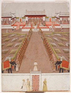 Ein Nawab hält Hof in einem Pavillon, jenseits einer Allee von Gefolgsleuten und zwei Elefanten
