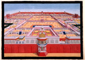 Vogelperspektive des Roten Forts in Delhi von Osten, zeigt einen Kaiser, wahrscheinlich Shah Alam (1759-1806), der den Diwan-i-Khas betritt, ca. 1780-90 (Deckfarben) von Indian School
