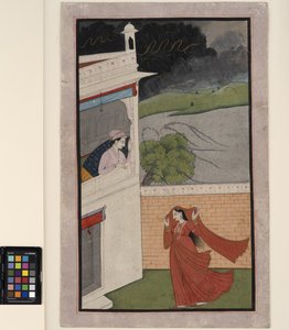 Eine Dame kommt bei einem Regensturm zum Haus ihres Liebhabers