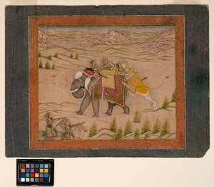 Ein Löwe greift eine Jagdgesellschaft auf einem Elefanten an, ca. 1810 von Indian School