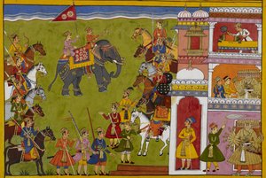 Ein Bote warnt Rāvaṇa vor den Plänen der Götter; wütend schwört er, die drei Welten zu erobern von Indian School