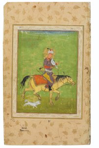 Ein Gemälde von Iraj auf einem Pferd, der mit einem Falken jagt, Indien, Mogulzeit, spätes 16. Jahrhundert von Indian School