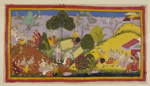 Links fällt Bharata in seiner extremen Not in Ohnmacht, nachdem er Guhas Geschichte von seinem Treffen mit Rama gehört hat, und wird von seinem Bruder und den Königinnen wiederbelebt. Kausalya sagt ihm, dass sie alle völlig von ihm abhängig sind. Guha führ von Indian School