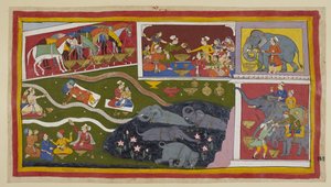 Die Pferde, Elefanten und Soldaten genießen ebenfalls Bharadwajas Gastfreundschaft. Die Pferde essen aus großen goldenen Schalen; ebenso die Elefanten, die hier mit Zuckerrohr präsentiert werden von Indian School