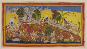 Oben in der Mitte werfen sich Bharata und Shatrughna zu Füßen von Rama, der seine jüngeren Brüder umarmt und ihre Köpfe riecht. Rama nimmt sie auf seinen Schoß, während er nach ihrem Wohlbefinden und dem ihres Vaters fragt.