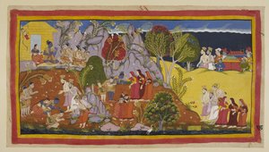 Die Brahmanen und die Königinnen in ihren Sänften nähern sich. Kausalya zeigt auf den Ort am Fluss, wo Rama das rituelle Wasser darbrachte und beklagt die erbärmliche Qualität der Pindas, wie sie ihrem toten Ehemann dargebracht wurden. Die drei Exilanten t