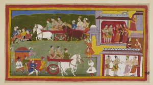 Die Prozession kehrt nach Ayodhya zurück, entlang des unteren Randes des Gemäldes, die traurige und verlassene Stadt ist der Zufluchtsort von Katzen und Eulen. Bharata und Shatrughna verabschieden sich von den Königinnen und sagen Vasistha, dass sie sich z von Indian School