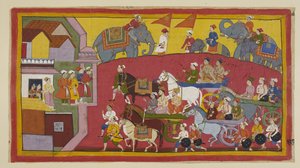 Die Streitwagen von Vasistha und den Prinzen, begleitet von verschiedenen Ministern und Leuten, betreten die Stadt Nandigrama.
