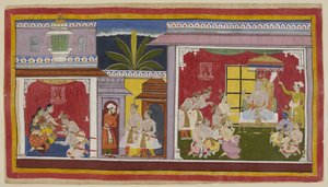 Im Thronsaal von Ayodhya, König Dasaratha sitzt mit seinen vier Söhnen, seinem Minister Sumantra und seinem Oberpriester Vasistha. Yudhajit, der Bruder von Königin Kaikeyi und Bharatas Onkel mütterlicherseits, ist gekommen, um Bharata zu besuchen von Indian School