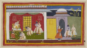 Rama und Laksmana rechts, mit Rama nun in zeitgenössischer Hofkleidung, nähern sich dem Tor von Kaikeyis Palast und lassen ihre Sandalen an der Tür, bevor sie in den Audienzsaal kommen. Sie knien respektvoll vor dem De