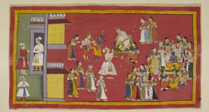 Add 15296 (1) f.50r, Dasaratha hatte zuvor Sumantra befohlen, seine Königinnen und alle seine Frauen zu rufen, die nun den König umgeben, als Sumantra die Verbannten hereinbringt, um sich zu verabschieden. Dasaratha versucht, Rama davon abzuhalten, in den  von Indian School