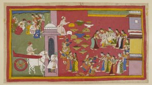 Rechts, als er seine Söhne und Sita in Rindenkleidern sieht, verliert Dasaratha das Bewusstsein und fällt vom Thron. Die drei Exilanten knien vor den Königinnen. Sita wird von Kausalya umarmt, die sie unnötigerweise daran erinnert, dass ihr erstes