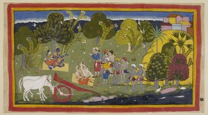 Die Gefährten haben den Fluss Ganga bei Srngaverapura erreicht. Rama und Sita sitzen auf einer Strohmatte unter einem Baum, der als Ingudi-Baum gedacht ist, während Laksmana und Sumantra ihnen gegenüber sitzen. Die Pferde sind abgespannt.