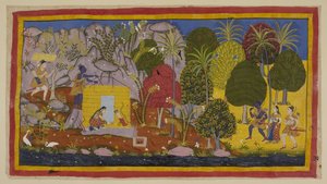 Die drei Exilanten nähern sich Citrakuta von rechts entlang der Ufer des Yamuna-Flusses. Rama bewundert die blühenden Bäume und Pflanzen, die den Berg bedecken. Links, auf einer ebenen Fläche in der Nähe des Flusses, bauen die beiden Brüder ein Haus