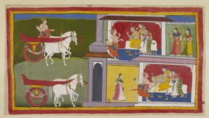Add 15296 (1) f.72r, Links kehrt Sumantra nach Ayodhya zurück und betritt den Palast, um Ramas letzte Botschaft dem König zu überbringen, der mit Kausalya und Sumitra an seiner Seite sitzt. Der König fällt in Ohnmacht und wird von Sumantra und den Königinn von Indian School