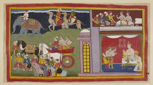 Die Boten, in einer oberen Kammer, sagen den Prinzen, dass sie nach Ayodhyā zurückkehren sollen. Unten im Thronsaal, für die Reise gekleidet, verabschieden sich die Prinzen von König Kaikeyi und seinem Sohn Yudhājit. Sie sitzen in einem Streitwagen mit den