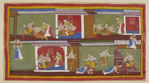 Oben rechts begrüßen Bharata und Shatrughna Kaikeyi, die sie auf ihren Schoß nimmt, und sie sprechen über die jüngsten Ereignisse. Bharata fällt in Ohnmacht, als er vom Tod seines Vaters und von dem, was seine Mutter getan hat, um seine Nachfolge zu sicher von Indian School