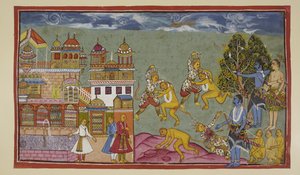 Add 15296 (2) f.18r, Vor dem Palast, Sugriva und Bali schlagen sich wütend mit Fäusten und Nägeln und reißen dann Bäume und Felsen aus, aber Bali ist der Stärkere und langsam wird Sugriva gezwungen, zurückzuweichen. Als Rama sieht, dass Sugriva verliert, g