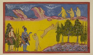 Sugriva ist zunächst erschrocken und denkt, dass diese bewaffneten Krieger von seinem usurpierenden Bruder Bāli geschickt wurden, um ihn zu vernichten. Er schickt seinen klugen Minister Hanuman, um mehr über die beiden Fremden herauszufinden. Hanuman stell