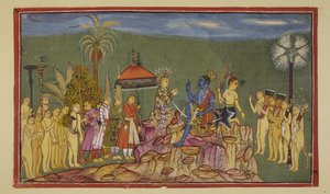 Rama fragt Sugriva, der zuvor die vier Himmelsrichtungen beschrieben hatte, wie er sie so gut kennt. Sugriva erzählt ihm, dass er von seinem Bruder Ba verfolgt wurde. von Indian School
