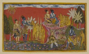Hanuman bringt nun Rama und Laksmana in die Gegenwart von Sugriva auf dem Berg. Rama und Sugriva reichen sich die Hände als Zeichen ihres Freundschaftsgelübdes, beobachtet von Laksmana und den anderen Affen; und dann, in ähnlichem Geist, gehen die beiden. von Indian School
