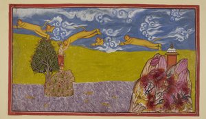 Unbeeindruckt von der Breite des Ozeans, vergrößert sich Hanuman auf immense Größe und schleudert sich von dem noch brennenden Berg Mahendra aus in den Raum und über den Ozean zum Inselreich Lanka von Indian School