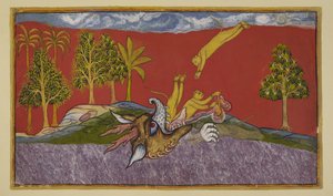 Hanuman taucht in den Mund der Dämonin Siṃhikā