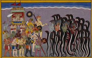 Ravana steigt in die Wasserregionen oder Rasatala hinab, die Hölle am Grund des Ozeans. Vasuki, der Gott des Wassers, und die Nagas sind mit gefalteten Händen dargestellt, die von Ravana in seinem von Dämonen umgebenen Wagen unterworfen werden von Indian School