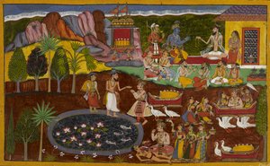 Agastya überreicht Rāma ein göttliches Juwel, und dessen Erwerb wird unten erzählt von Indian School