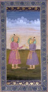 Akbar überreicht seinem Sohn Jahangir eine juwelenbesetzte Feder von Indian School