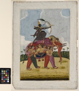 Ein Elefant, zusammengesetzt aus tanzenden Frauen, dient als Reittier für einen Bogenschützen, ca. 1825