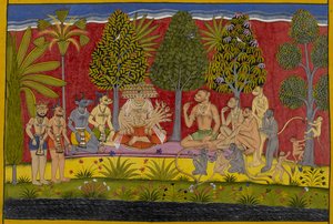 Erstaunt über Balis Stärke bietet Ravana Freundschaft an; sie sitzen zusammen und kauen Paan von Indian School