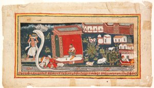 Baby Krishna wird in Sicherheit gebracht, 1600-25 von Indian School