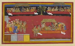 Bharata und Shatrughna begrüßen Rama und Sita, während der Pushpaka abfliegt von Indian School