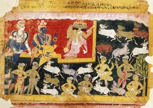 Brahma huldigt Krishna als Inkarnation von Vishnu, um 1540-1575