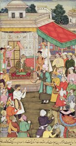 Akbar (r.1556-1605) empfängt Geschenke von den Botschaftern von Badakhshan, aus dem Akbarnama, c.1605