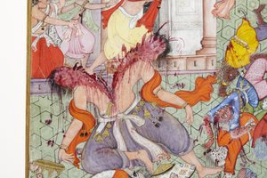 (Detail) Krishna spaltet den Dämon Narakasura mit seinem Diskus, ca. 1585-90 von Indian School