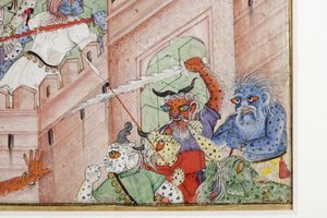 (Detail) Krishna spaltet den Dämon Narakasura mit seinem Diskus, ca. 1585-90
