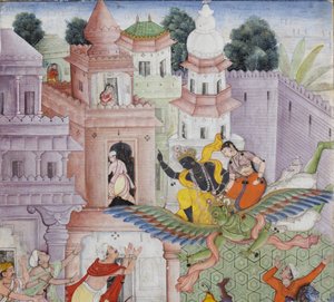 (Detail) Krishna spaltet den Dämon Narakasura mit seinem Diskus, ca. 1585-90