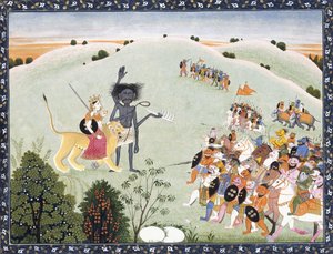 Durga und Kali vor der vorrückenden Dämonenarmee, um 1800-1820 von Indian School