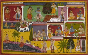 Durvasa und der Tod besuchen Rama, dann meditiert Lakshmana am Sarayu und wird von Indra in den Himmel geholt von Indian School