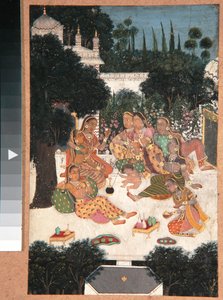 Acht Frauen und ein Kind auf einer Palastterrasse von Indian School