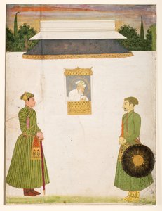 Kaiser Aurangzeb an einem Jharokha-Fenster, zwei Edelleute im Vordergrund, ca. 1710